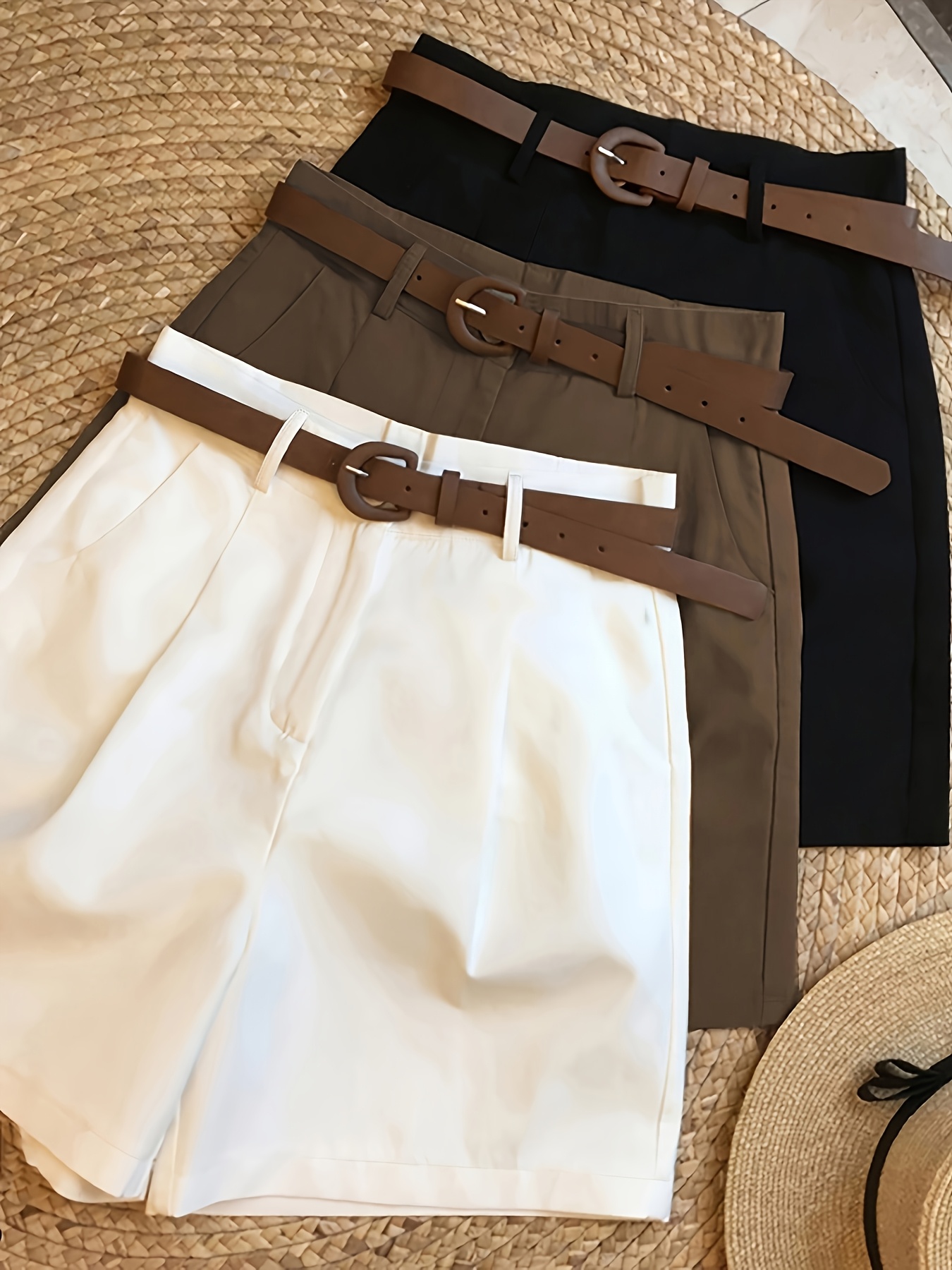 elegant womens three piece set solid color shorts with zipper pockets   casual formal wear beige   comfortable fabric