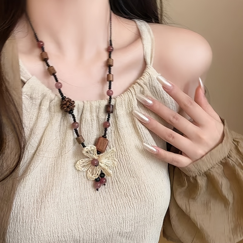 Image of 1pc Bohemian Style New Chinese Style Floral Necklace Beadwork Ethnic Retro Jewelry, Suitable For Parties, , Valentine's Day And Other Holiday Gifts, Wearable All Year Round