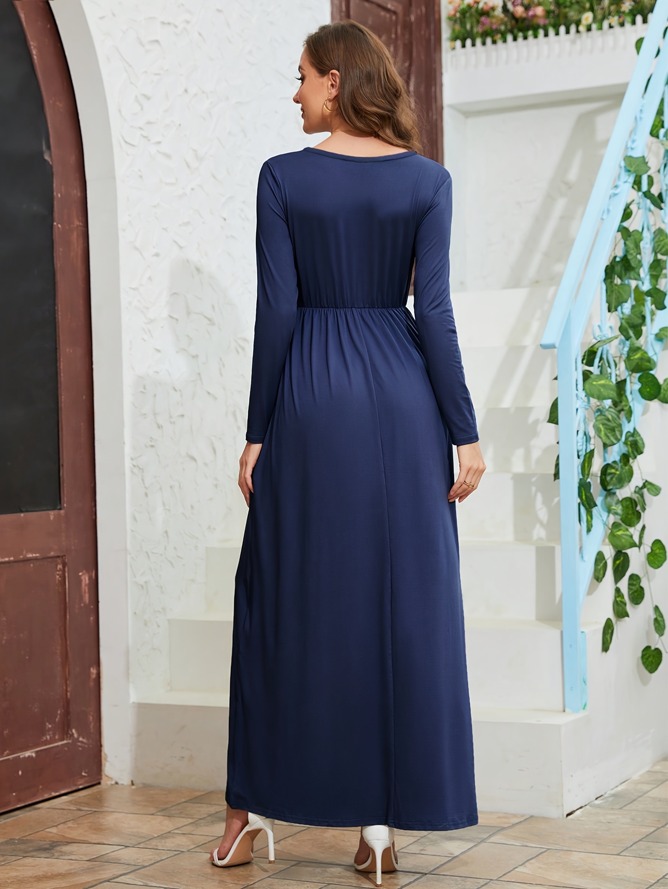 Solid Crew Neck Ruched Dress Elegant Long Sleeve A line Maxi - Temu United