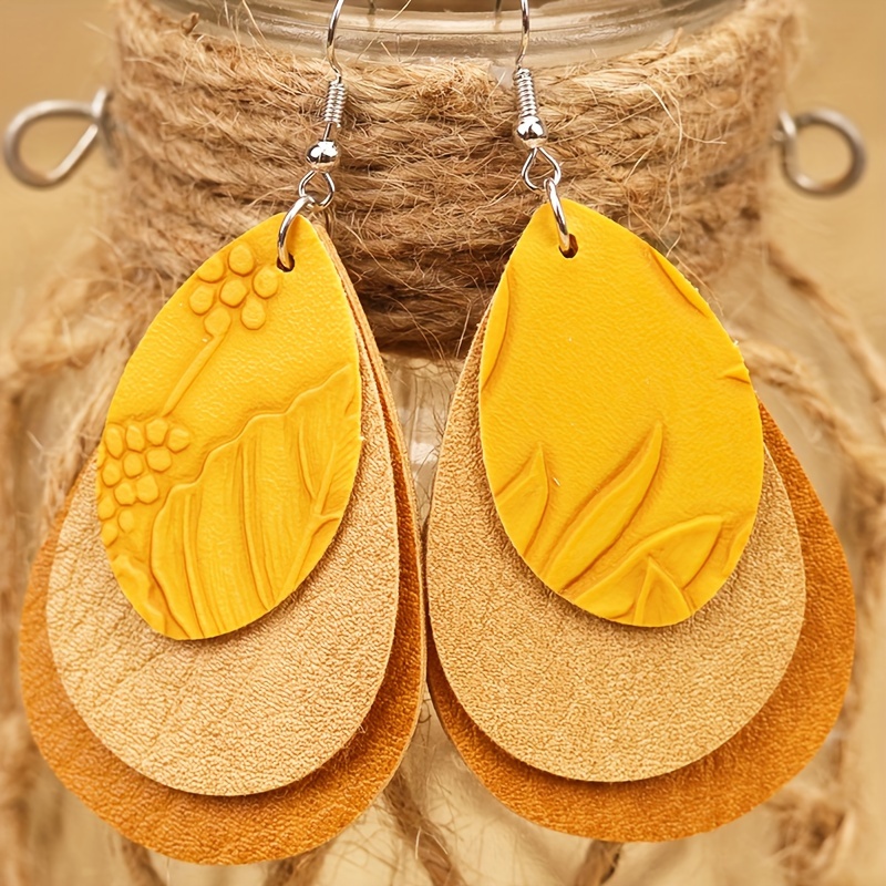 Bohemian PU Leather Teardrop Earrings Green Brown Yellow