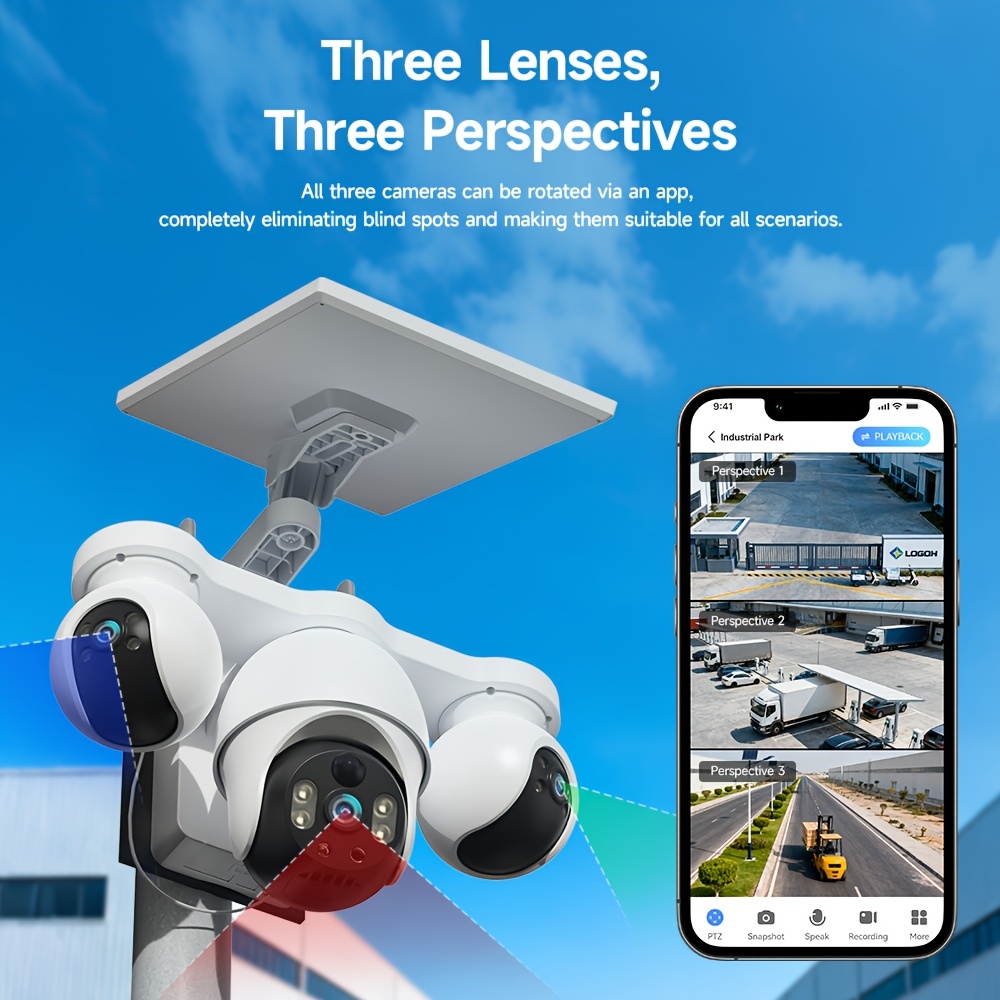 Caméra de sécurité V380MAX | Enregistrement toutes saisons 6MP, prend en charge le WI-FI 2.4Hz, système de surveillance sans fil, fonction audio bidirectionnelle, rotation à 360°, détection de mouvement simultanée à trois objectifs, stockage cloud, convient pour une utilisation extérieure, commerciale et domestique