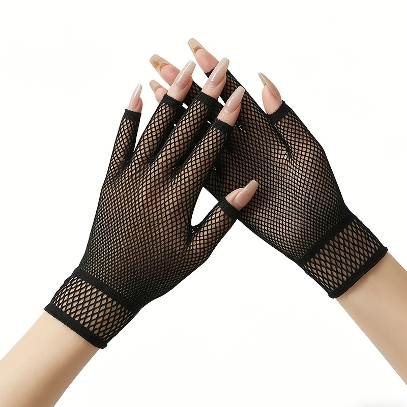 TEMU Women's Mesh Gloves Hollow Summer Black Elastic Lace Short Half-finger Bridal Wedding Performance Decorative Gloves