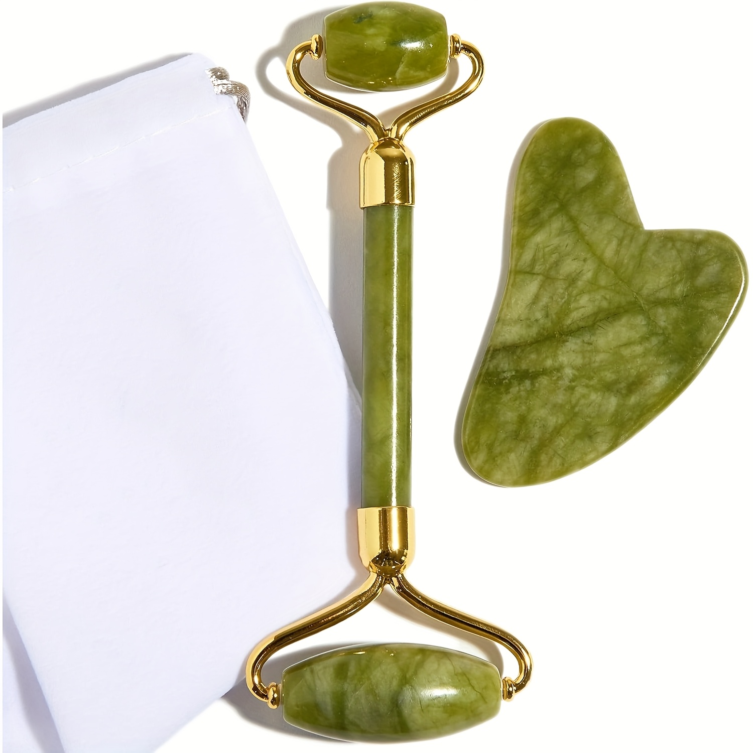 TEMU Jade Roller And Gua Sha - Spa Grade Face Roller Massager And Gua Sha Massage Tool Set, High-quality, Green