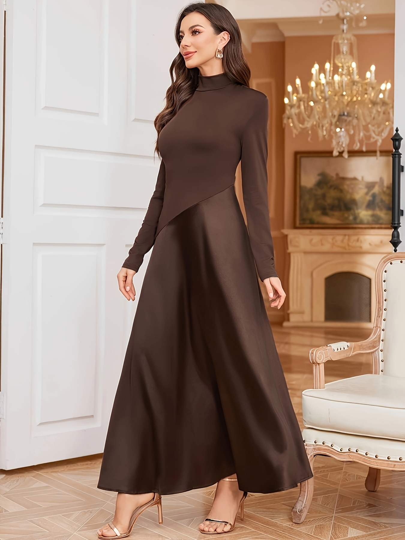 elegant high neck color fit flare long - Temu United Arab Emirates