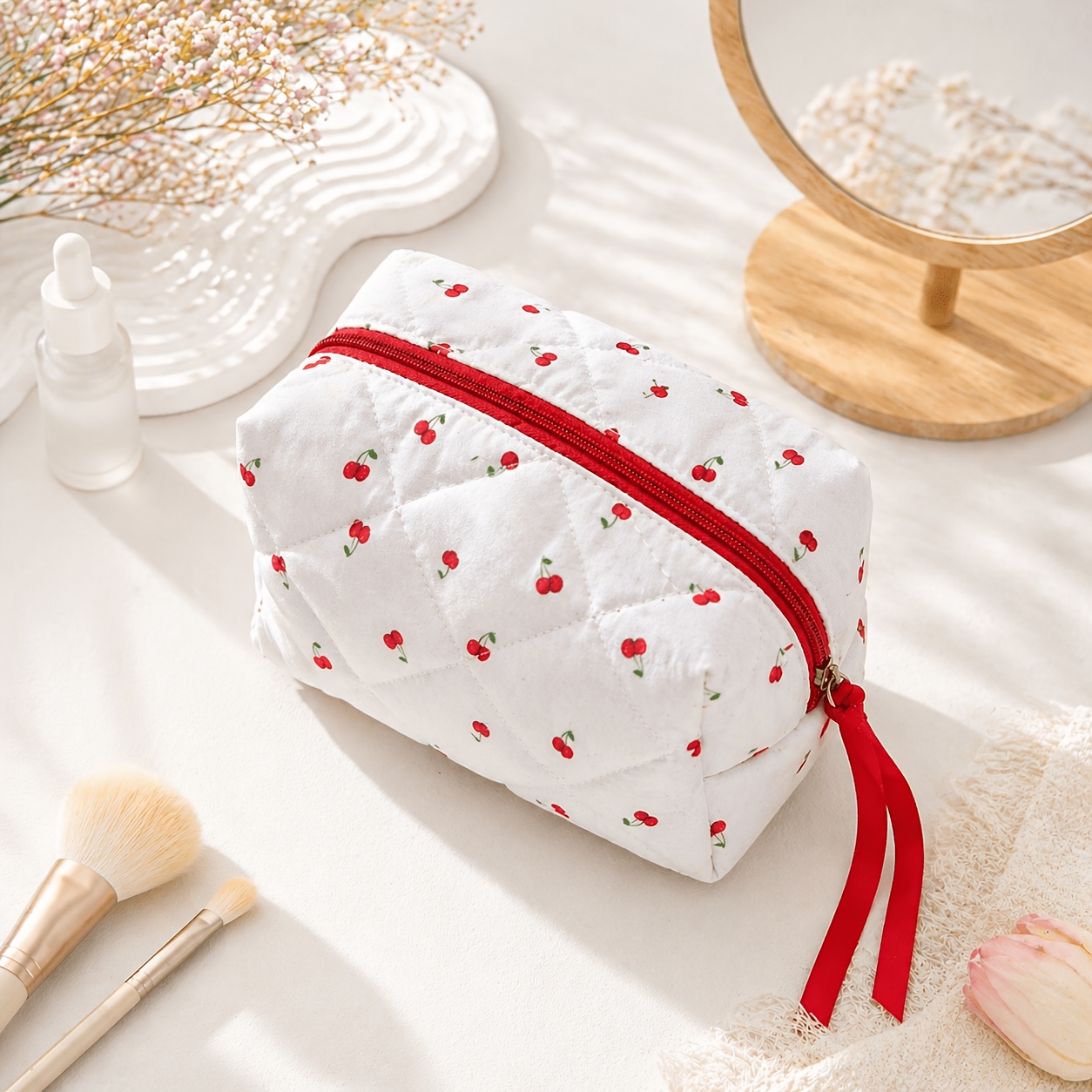 TEMU 1pc Cherry Print Makeup Bag For Women, Large Capacity Zipper Cosmetic Pouch, Quilted Travel Toiletry Organizer, Lightweight Portable Storage Bag