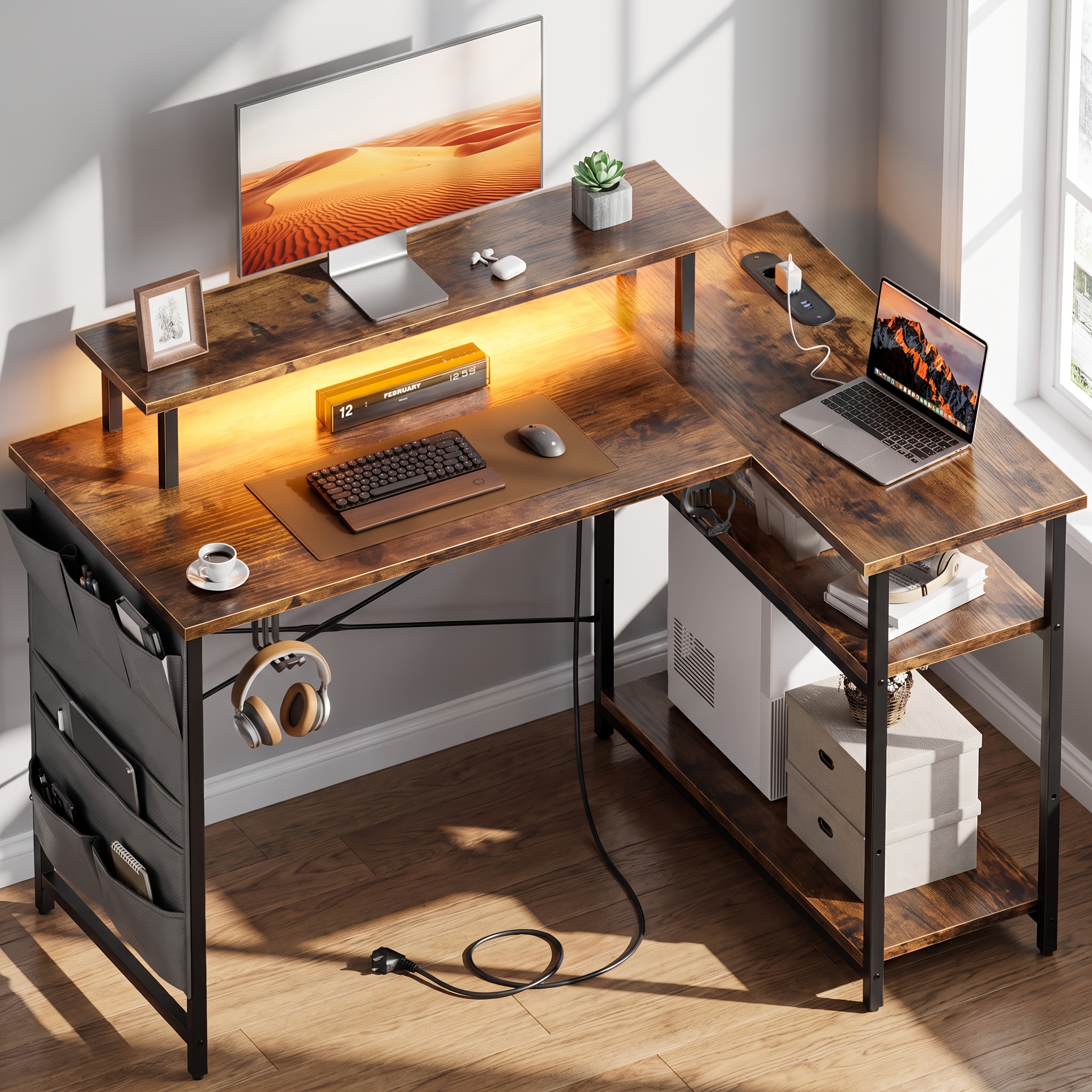 Image of L-shaped Computer Desk With Power Outlet, 44-inch Gaming Desk In With Led Lights, Home Office Table With Storage Shelves And Monitor Stand For Bedroom, Ergonomic Pc Workstation Desk