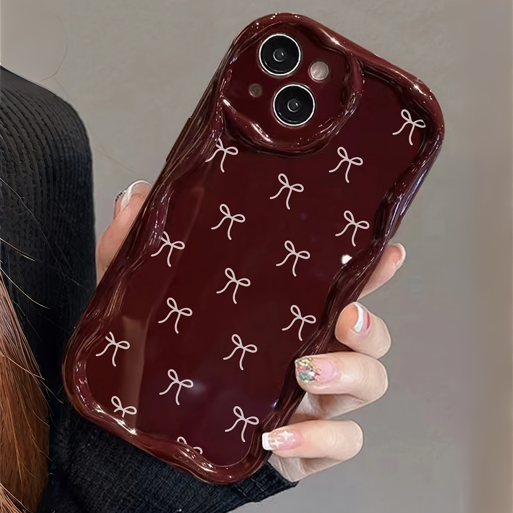 TEMU Phone Case - Bow Pattern Burgundy Curved Frame Phone Case For Iphone 18, Suitable For Iphone 18 Pro Max, Iphone 18 Pro/16/11/13/ Plus/15 Pro/15