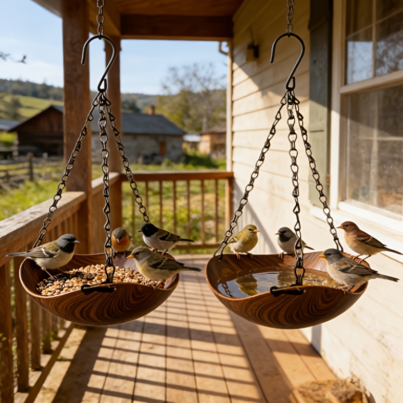 2 pack wood grain hanging bird feeders retro wood grain texture stable hanging design with thickened iron chains and s shaped hooks easy to hang on   windowsills living rooms and   suitable for   indoor and outdoor use