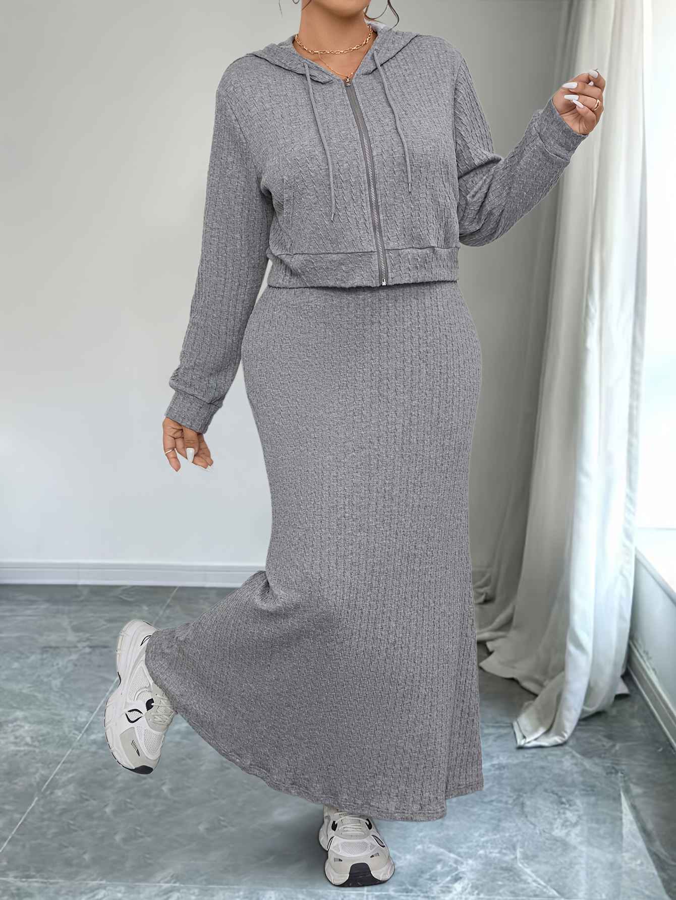 plus size ribbed dress set zip long sleeve drawstring hoodie