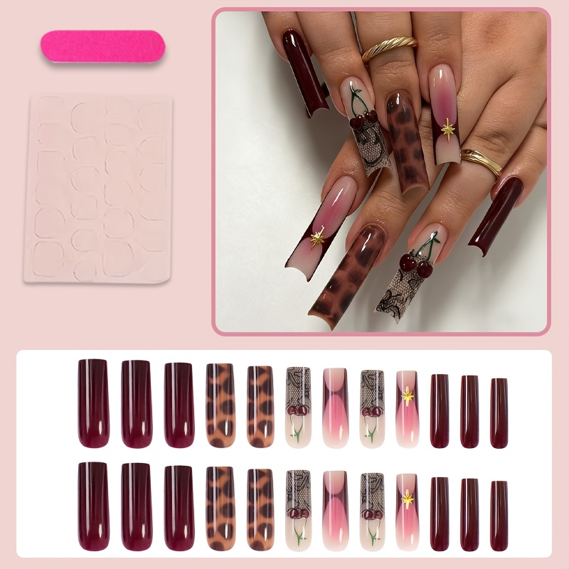 TEMU Long Press On Nails, 24pcs Leopard Print Xxl/xxxl Press On Nails With Cherry And Star Charm, Glossy Ballerina Fake Nails For Women Self-adhesive
