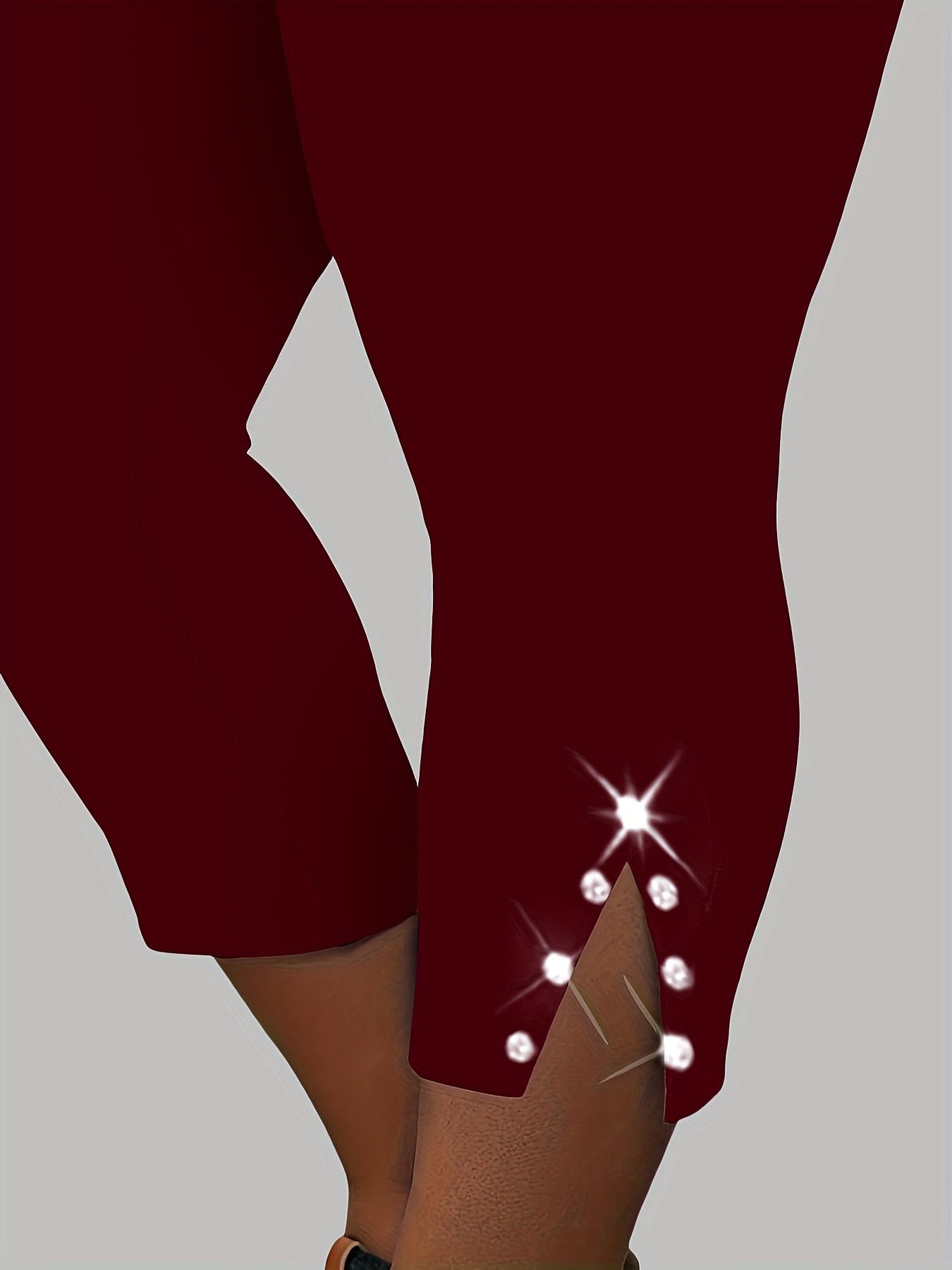 Plus Size, Plus Size High-Waisted Stretchy Rhinestone-Embellished Side Slit Capri Pants - Solid Black Casual Outdoor Leggings for Women, Spring/Summer Fashion, High Waist Pants, Spring Summer Apparel, Nontransparent Fabric, Spring Fashion, Breathable Material, Summer Wardrobe