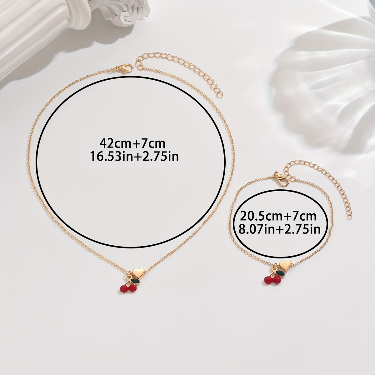 2pc Cherry Heart Bracelet Necklace Set