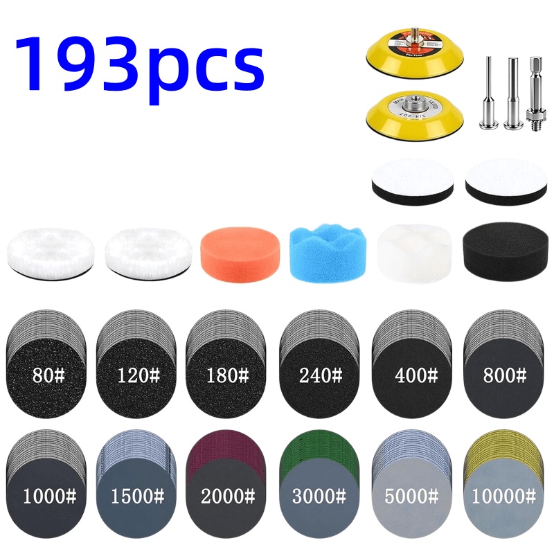 TEMU Ensemble de 2 pouces (193 pièces) (grain 80-10000), système de polissage humide et sec, avec tampons de polissage à code couleur et antichoc,