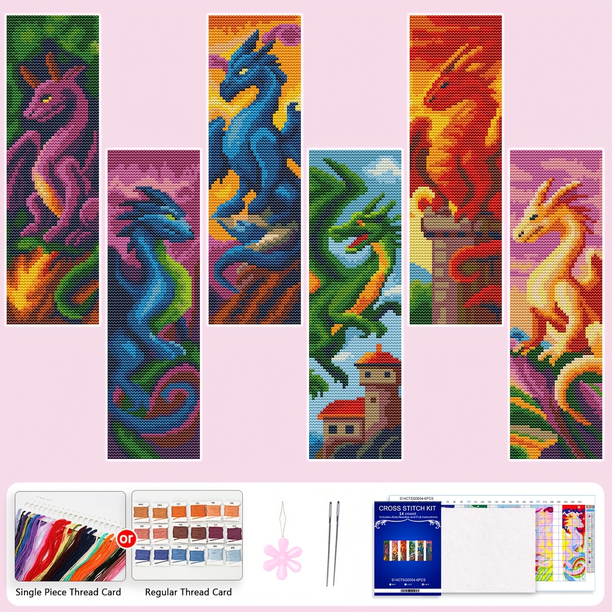 TEMU A Set Of Printed Cross- Kits Includes 6 Bookmarks In A Dragon Theme. The Bookmark Cross- Kit Features 14ct Six-strand Thread, Making It Suitable