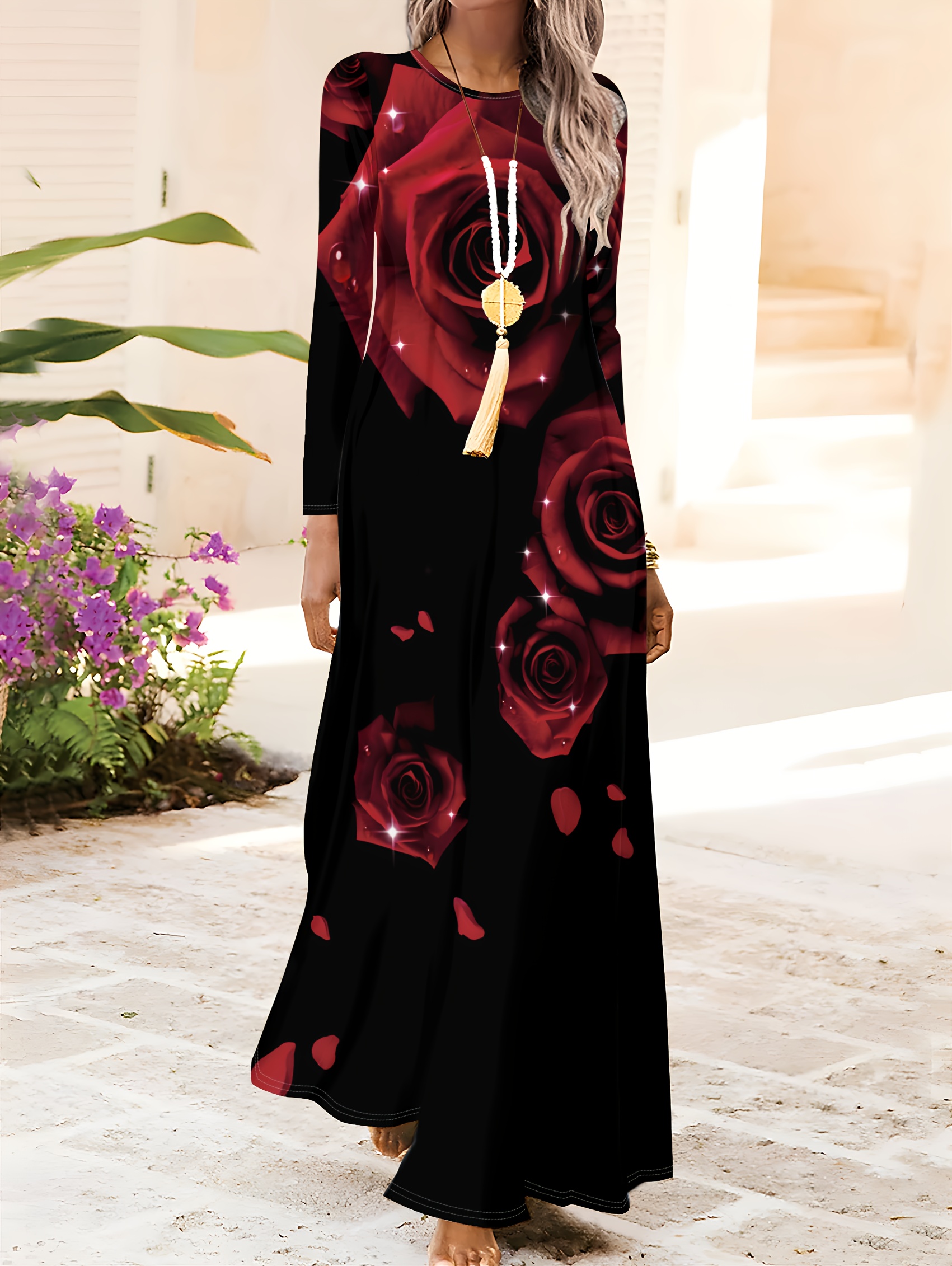 elegante rode rozen op zwarte bloemenprint maxi jurk voor Temu