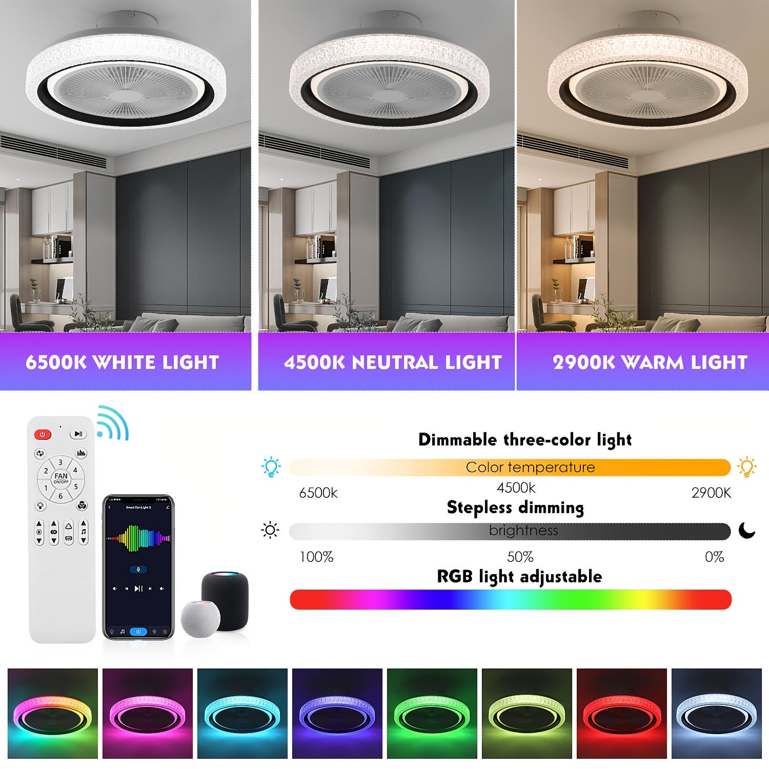 Smart Ceiling Fan with RGB Backlight and Remote