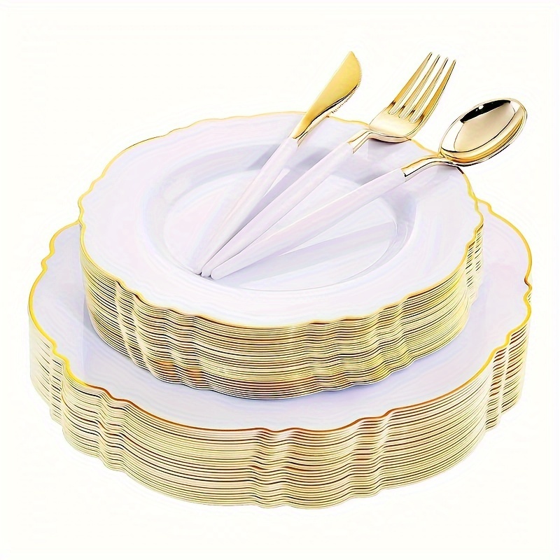 

30guest Gold Plastic Plates Disposable - Gold Plastic Silverware With White Handle Baroque Plates Disposable For Weddings, Parties, Mother's Day.