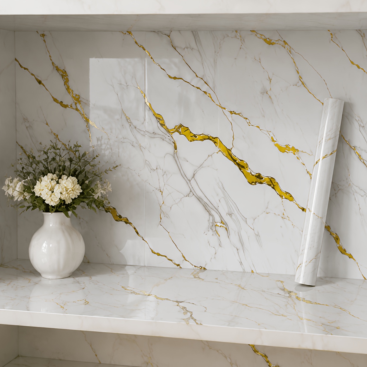 TEMU 1 Roll White Marble Self-adhesive Wallpaper, Peel And Stick Marble Contact Paper, Waterproof Oil-proof Easy-to-clean Vinyl Sticker For Kitchen