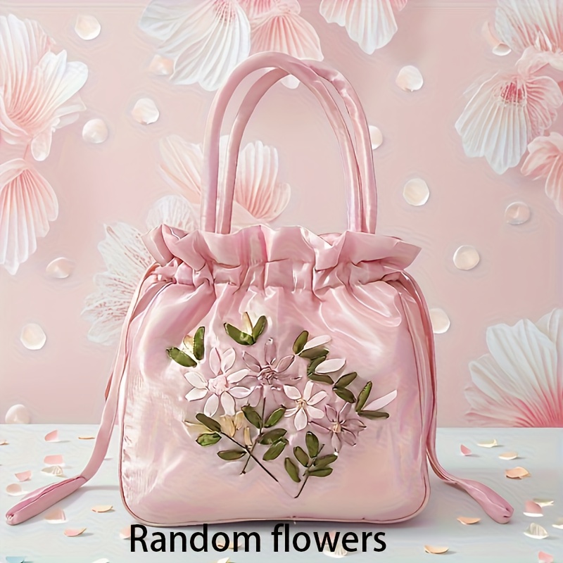 TEMU Fashion Trendy Retro Elegant Random Embroidered Flowers Nylon Material Women's Handbag, Large Capacity Drawstring Top Handbag/handbag, Suitable
