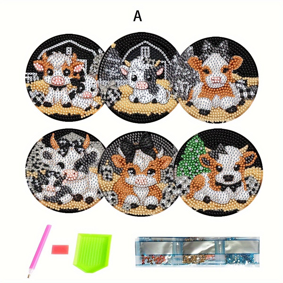 

6pcs Cow Diy Coaster Set - Round , - & - For &