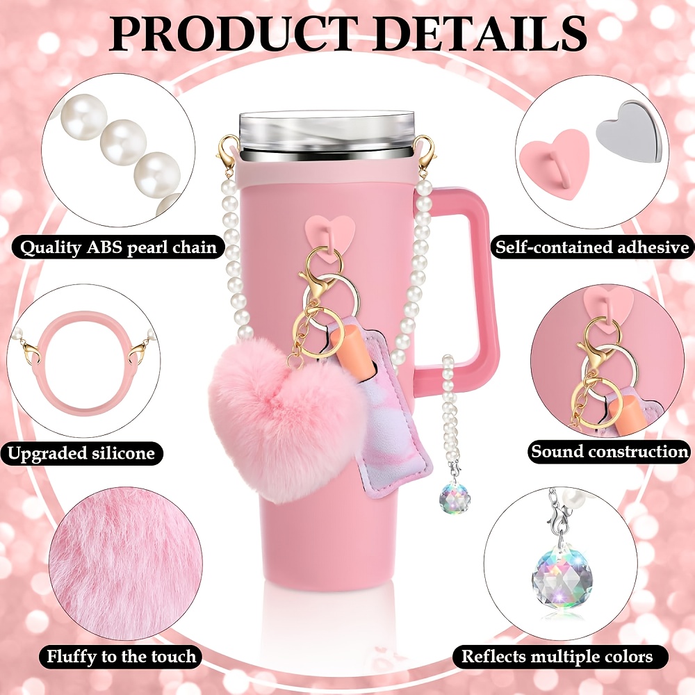 conjunto de accesorios chic para tumbler de 6 piezas para 30oz/40oz -   mango de perla, colgantes de   y  , porta lápiz labial - regalo   para mujeres en navidad, san valentín, día de la  , colgante de  , cubierta para lápiz labial detalles 2