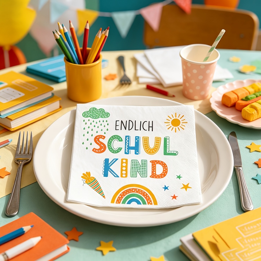 Image of 30pcs School-themed Napkins For Of The , Colorful Patterned School-shaped Sun Decorations For Lunch Napkins, German Party Napkins, Graduation Ceremony Table Decoration Napkins