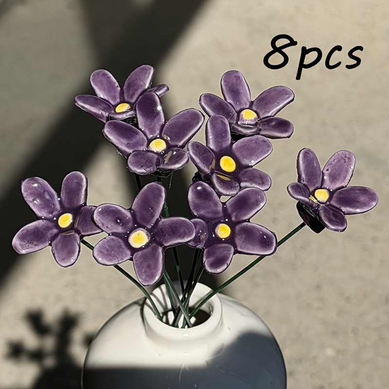 TEMU 8pcs Hand-pinched Ceramic Flowers, Purple With , New Easter Handmade Ceramic, Soft Misty Purple, Artificial Flower Bouquet, Never-wilting Fake