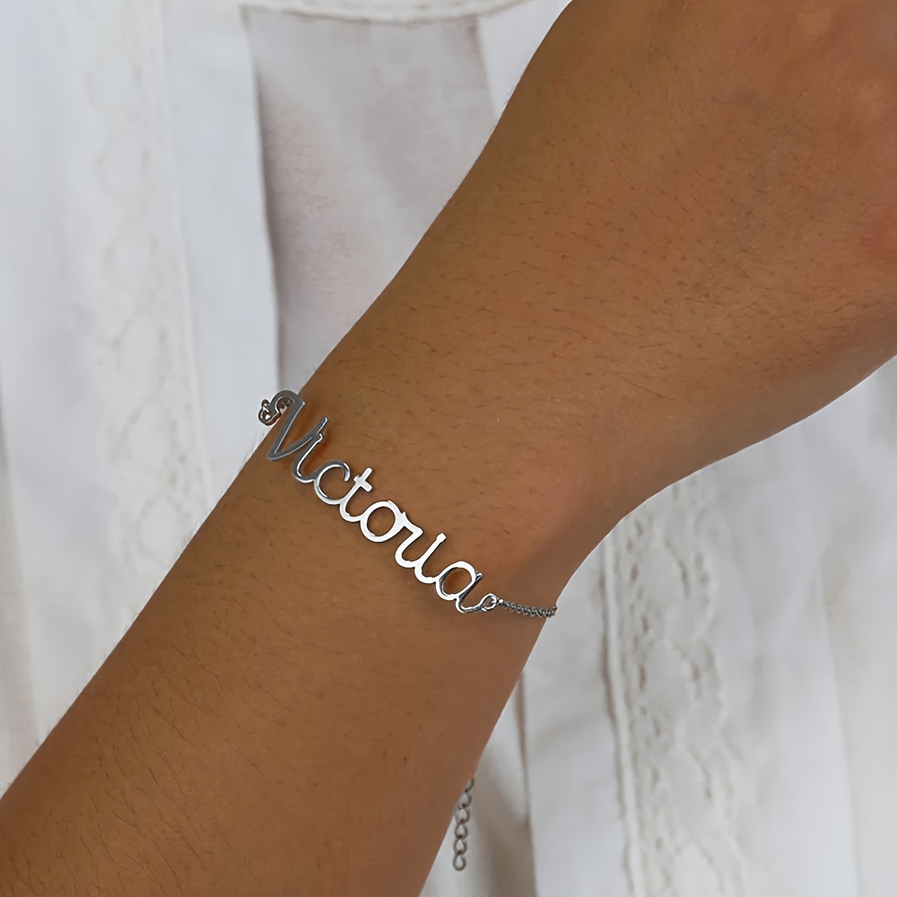 TEMU Custom Fashion Name Bracelets, Personalized Minimalist Name Charm Bracelets, Stainless Steel Bracelets, Trendy Jewelry For Women, Language To