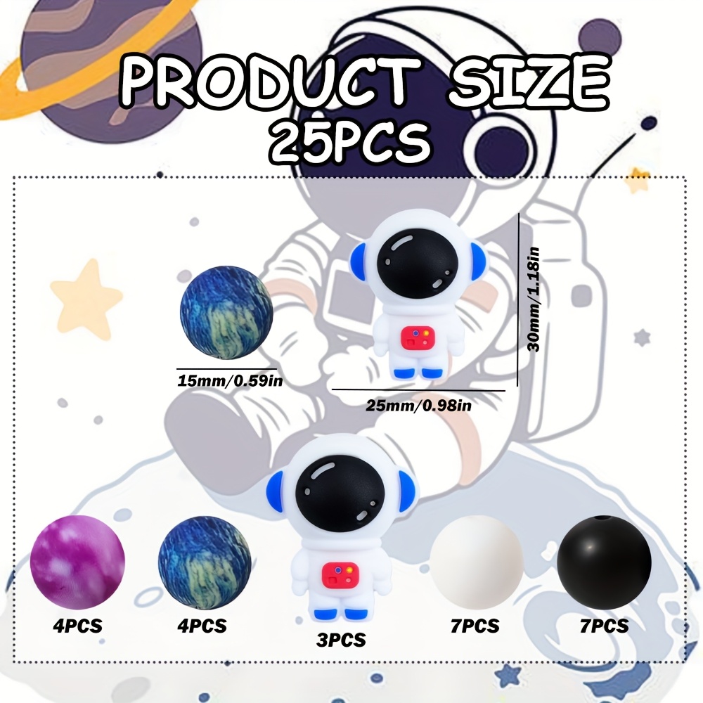 TEMU Un ensemble de 25 perles en silicone imprimées et colorées d'astronaute 3D, parfait pour les loisirs créatifs, les , et les stylos perlés