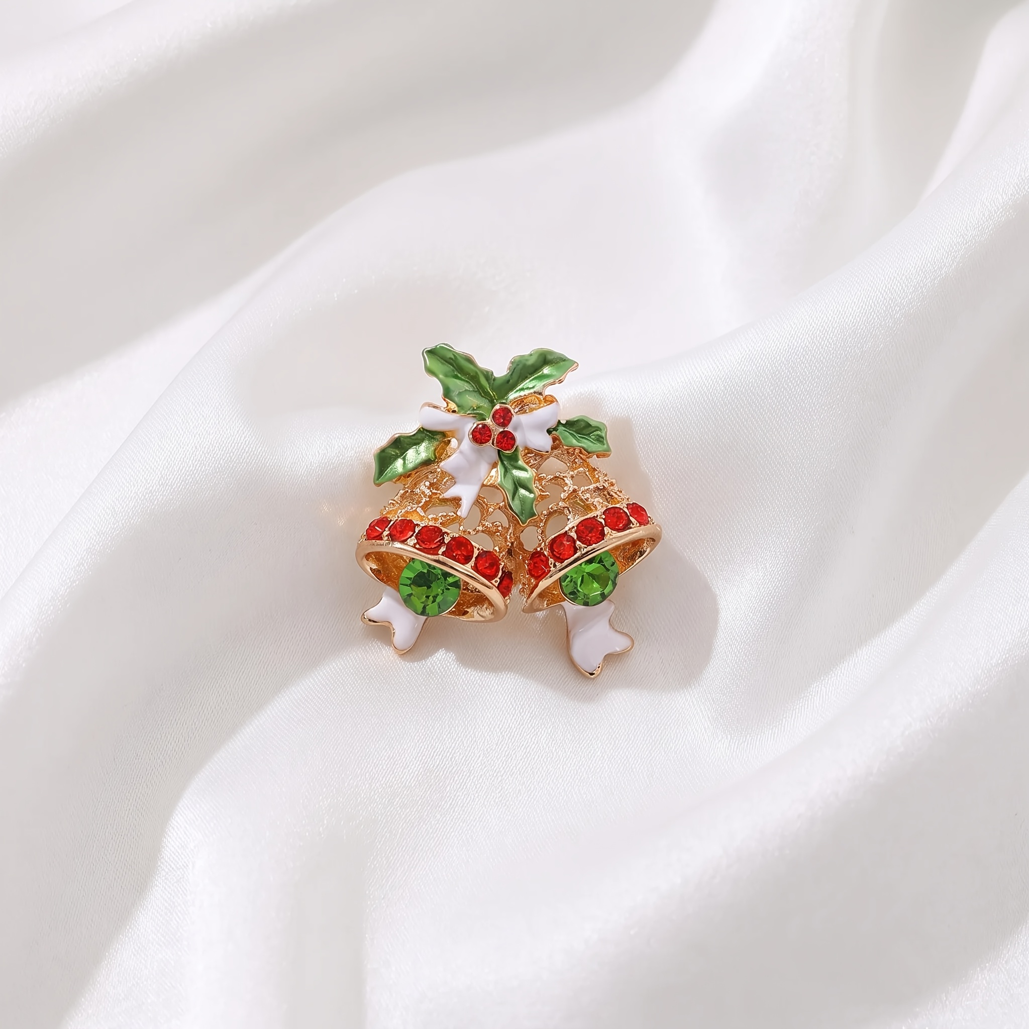 Christmas Enamel Rhinestone Brooch, Double Bell Shape