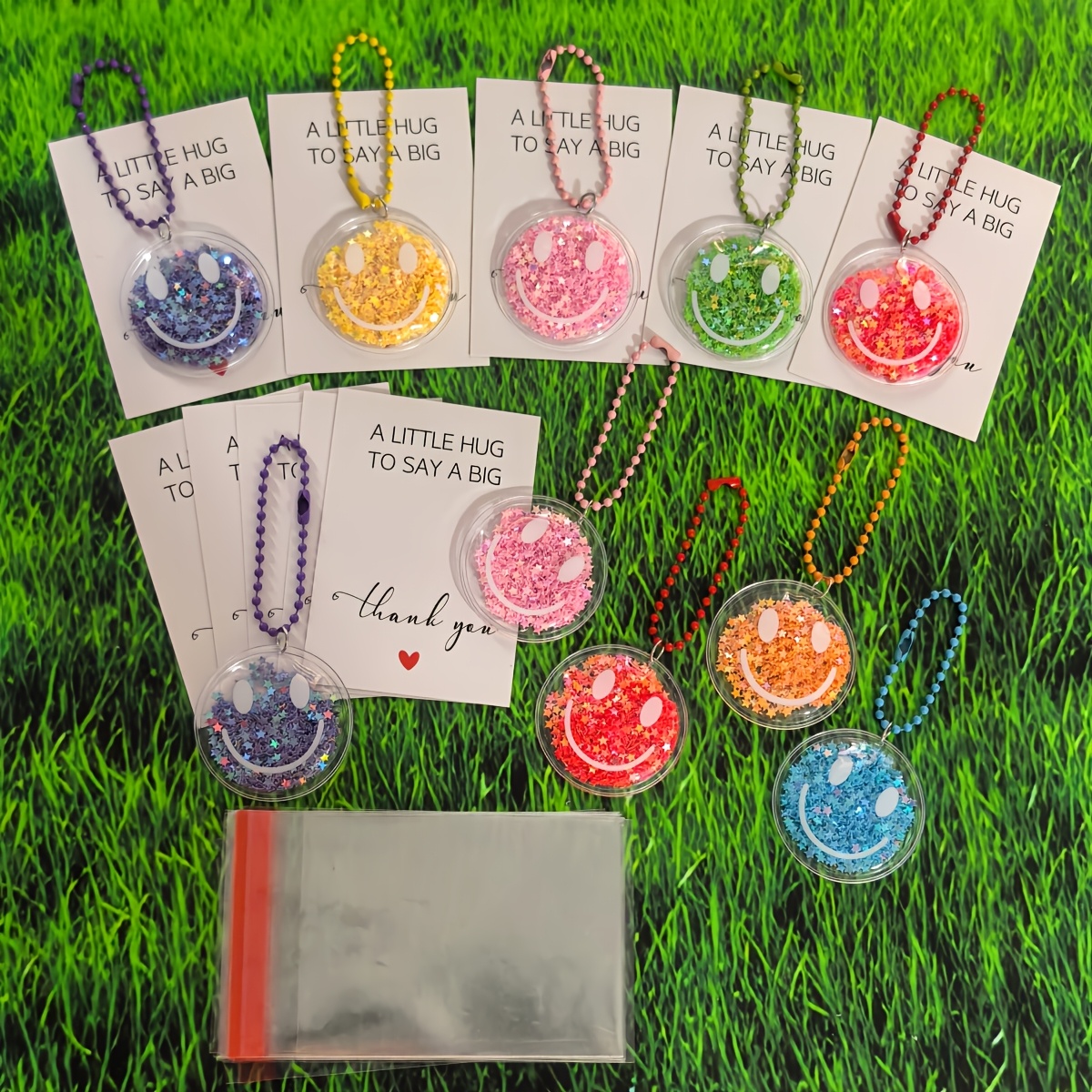 TEMU 30pcs Set: 10 Happy Face Keychains + 10 Thank You Cards + 10 Card Packaging Bags. Colorful Sequined Happy Face Keychain And Thank You Card Combo