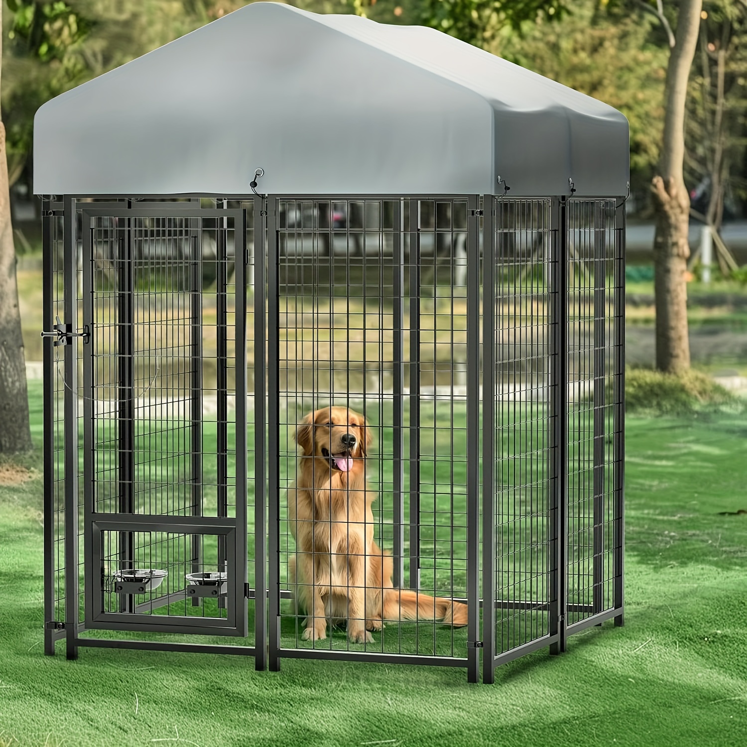 

4x4x6ft Large Outdoor Dog Kennel With Rotating Dog Bowl, Heavy Duty Welded Wire Dog Run, Dog Playpen Fence With Uv-resistant Waterproof Roof, Dog Enclosure For Outside