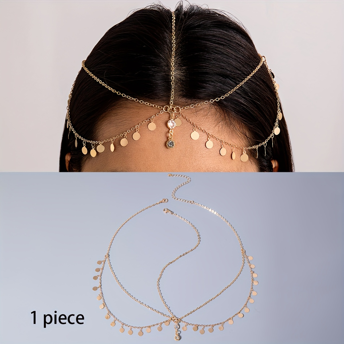 Image of 1pc Fashionable Bohemian Hollow Rhinestone Pendant Round Tassel Headpiece Temperament All-match Exquisite Chain Headpiece Suitable For Women's Prom Wedding Party Gathering Eid Gift