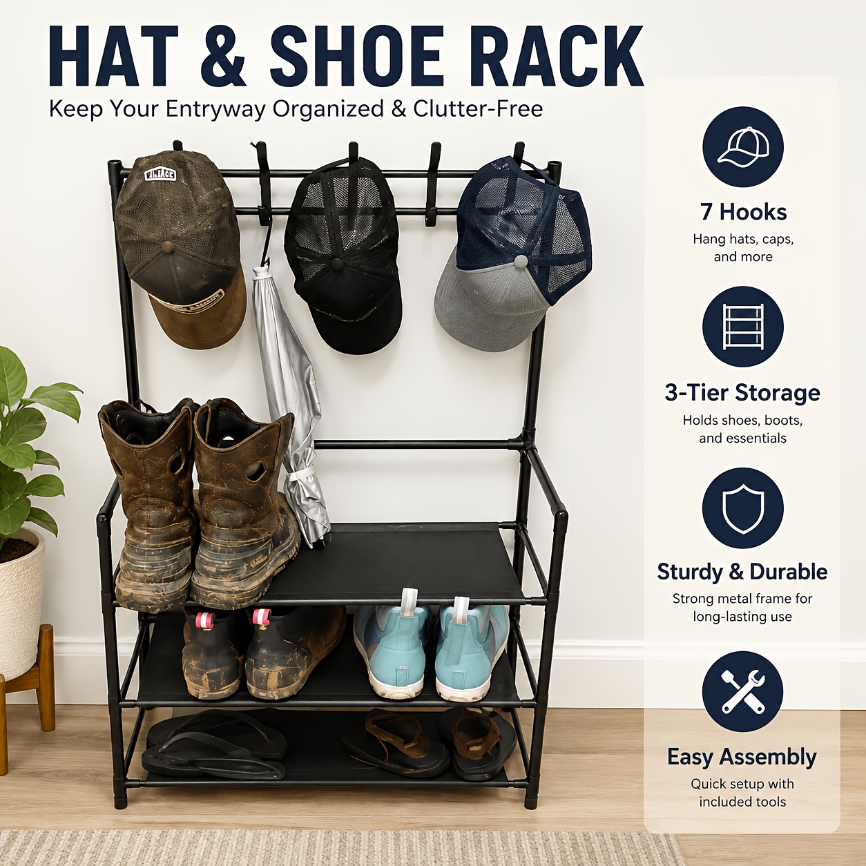 5-Tier & 3-Tier Multifunctional Storage Rack, Entryway Organizer for Shoes & Hats, Ideal for Home, Living Room, Dorm, with 10 White Shoe Storage Bags Included