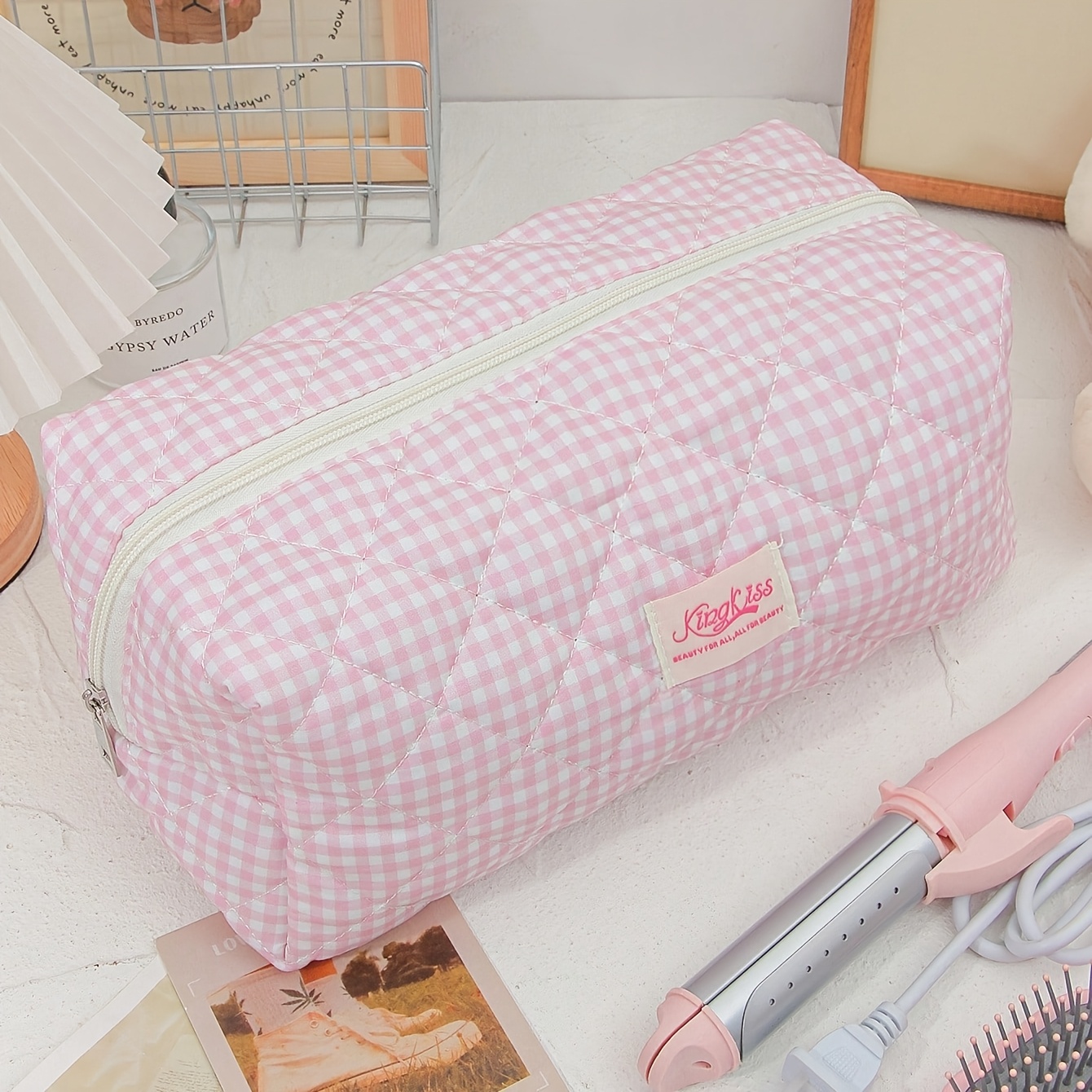 TEMU A Minimalist Checkered Quilted Hairdryer Bag, A Dustproof Large-capacity Storage Case For Straighteners/curling Irons, Featuring Multiple Pocket