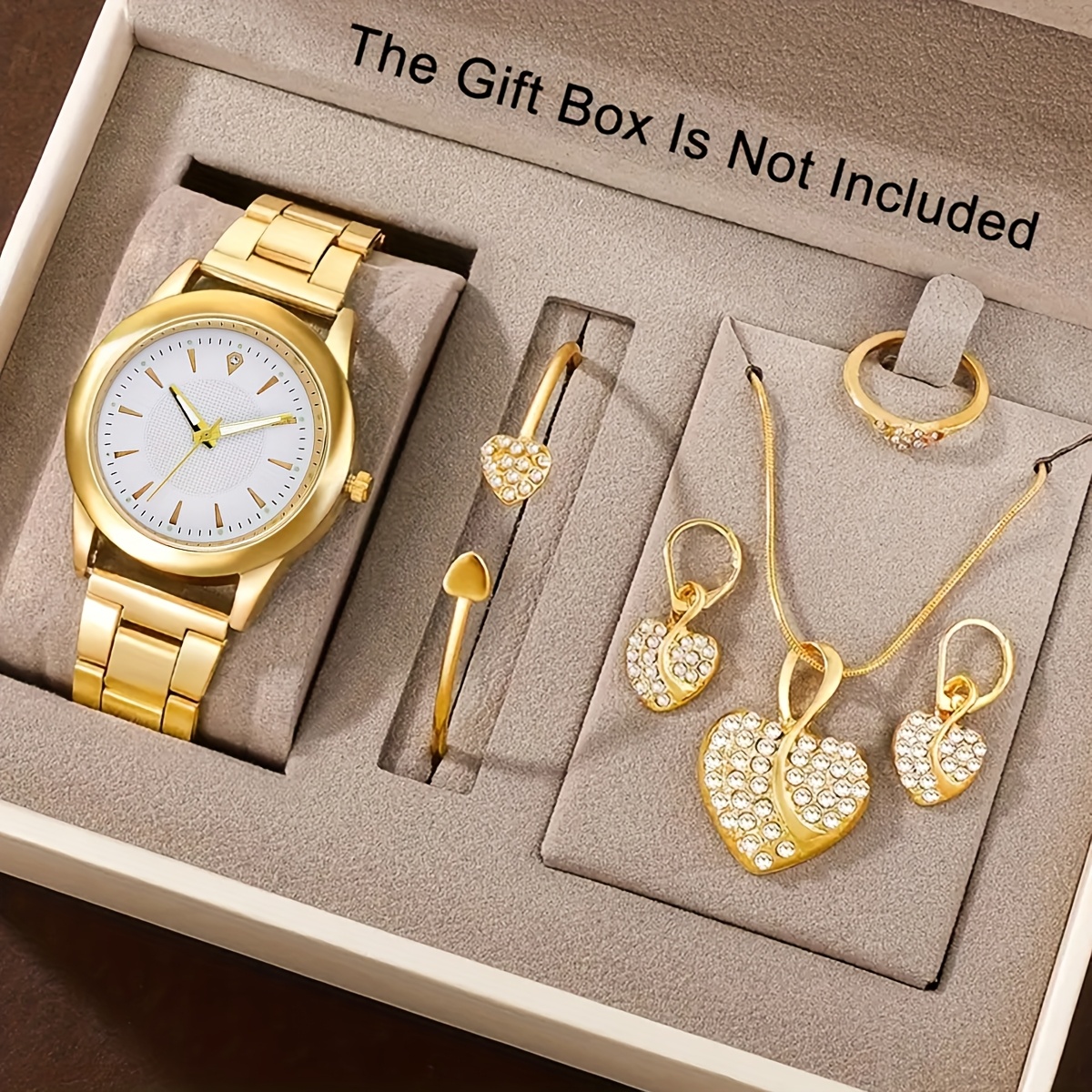 6pcs Elegant Women's Quartz Watch Set with Heart-Shaped Jewelry, Perfect Gift for Ladies, Non-Adjustable Alloy Strap, Classic Bar Markers Round Dial, Ideal Gift for Sisters and Mothers, Suitable for Ramadan or Casual Attire, No Packaging Box Included, Middle East Special Edition