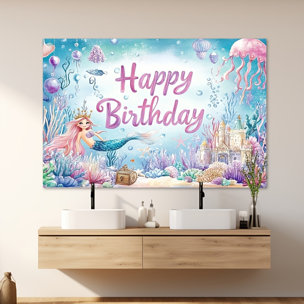 

1pc Mermaid Birthday Backdrop, Polyester Fabric, Castle Glitter, Holiday Party Decor, With No Electricity Or Battery Needed, For Christmas, Halloween, Universal Celebrations, Seasonal Decor