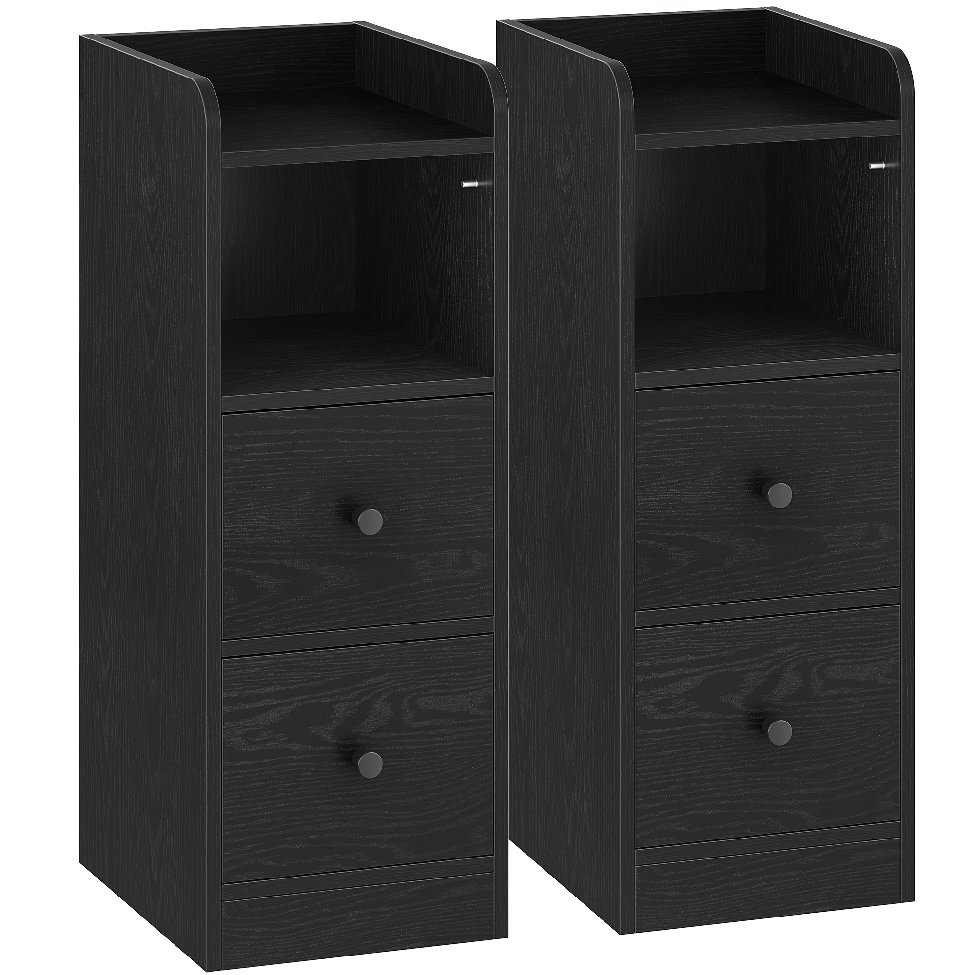 Bedside Table Set Of 2, Narrow Side Table With 2 Drawers, Nightstands With Open Compartment, Adjustable Drawer Position For Bedroom, Living Room, 30 X 24 X 65cm Black
