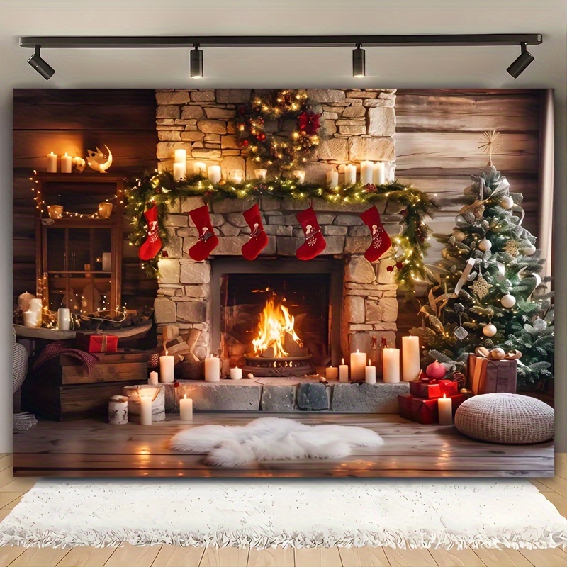 

Christmas Backdrop Cloth Stockings, Fireplace & - Polyester, For , Outdoor Decor, Live & Photo Booths (39x59" / 70.8x90.5")