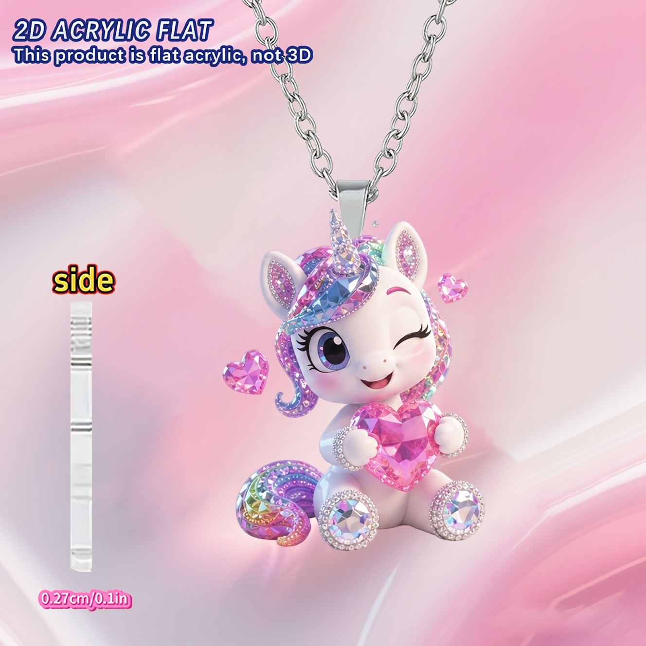 TEMU 2D Flat - [2D Flat] 1 Stück Einhorn Umarmung Herz, Neue Acryl Halskette für Damen, Modische Pulloverkette, Ideales Geschenk für Geburtstage und