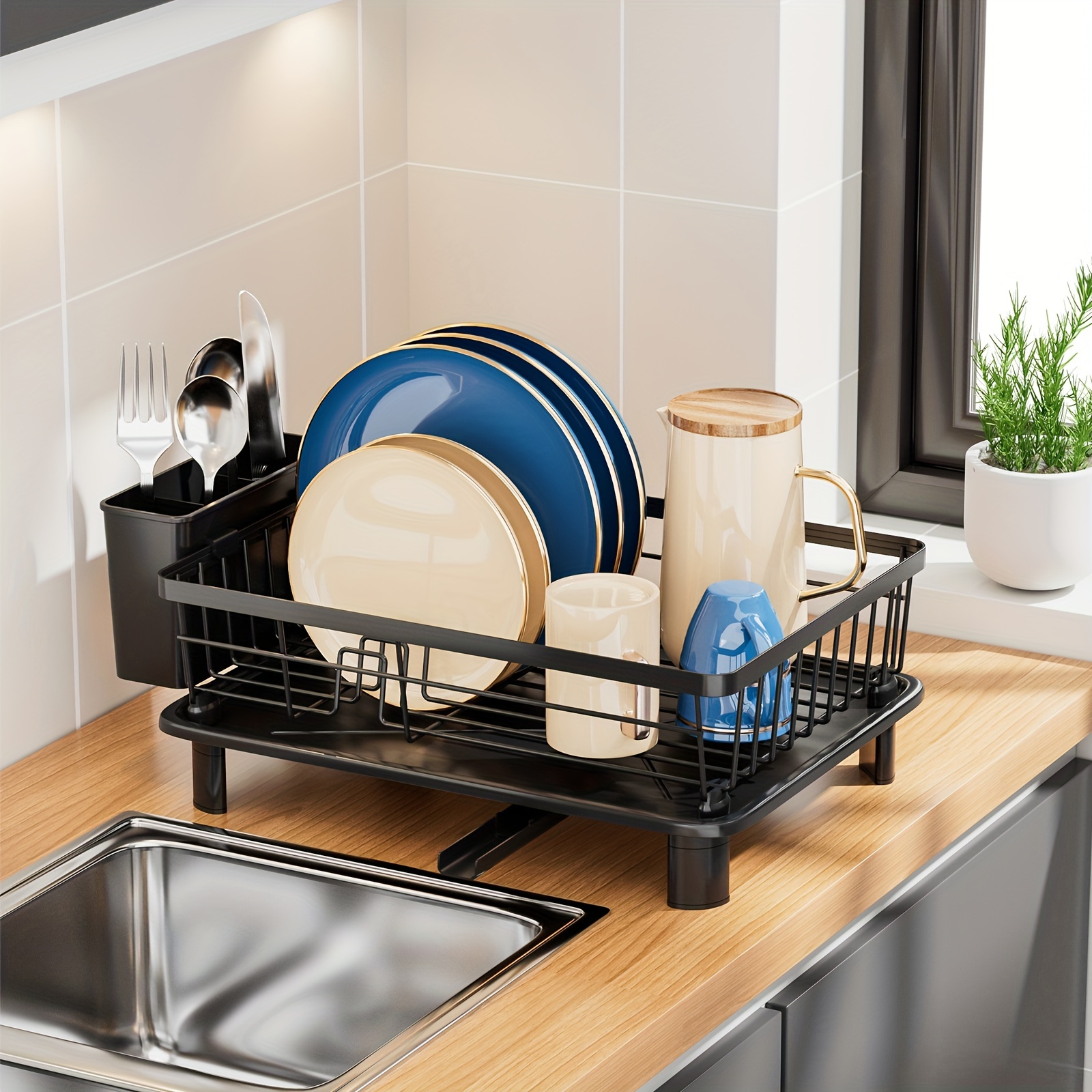 Romision Dish Drying Rack And Drainboard Set, 2 Tier Large Stainless Steel Sink Organizer Dish Racks With Cups Holder Utensil Holder Dish Strainer Shelf For Kitchen Counter Black