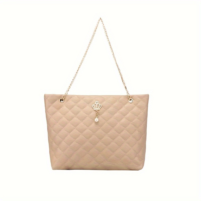 

Solid Color Argyle Pattern Tote Bag With Large Capacity, Fashionable Casual Chain Shoulder Bag, Single Shoulder Handbag For Shopping