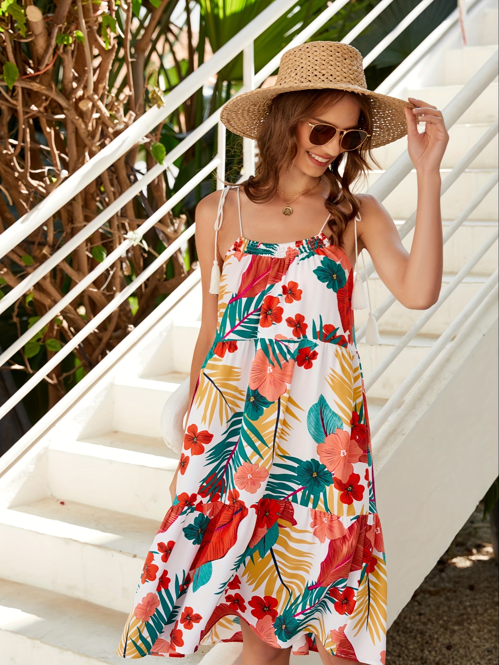 women summer hawaiian midi dress 2024 spaghetti strap floral - Temu