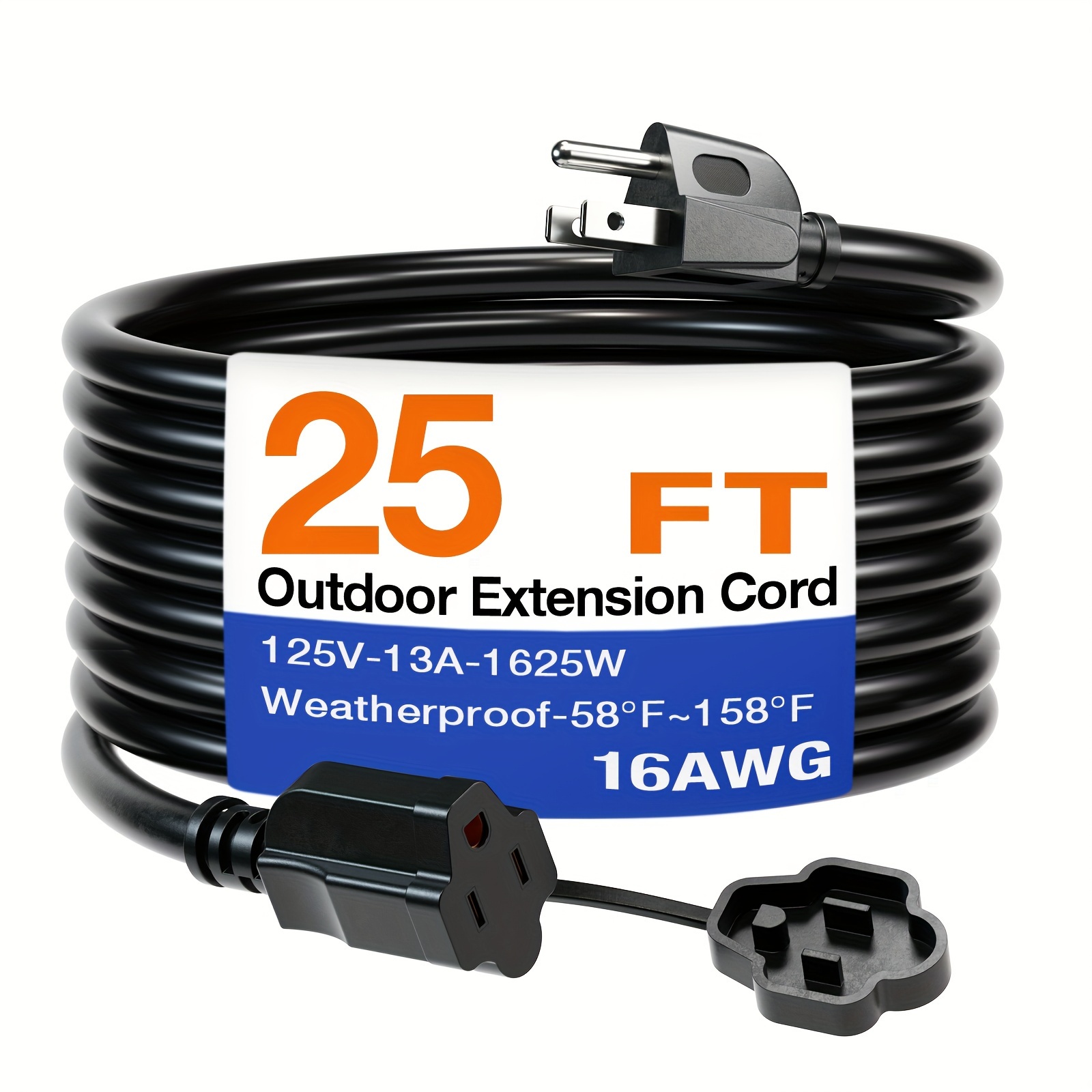 25 FT Outdoor Extension Cord Waterproof, Black 16/3 SJTW Heavy Duty 13A  1625W