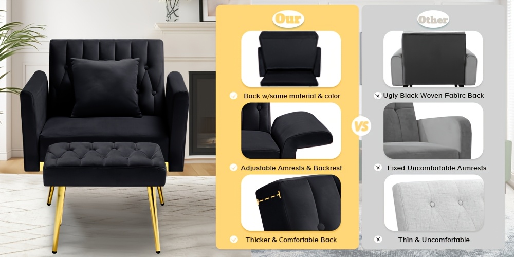 [Velvet Accent Chair] ACMEASE Velvet Single Accent Chair | Adjustable Armrests & Backrest, Button Tufted Lounge Recliner with Ottoman & Pillow for Living Room, Bedroom, Study Room