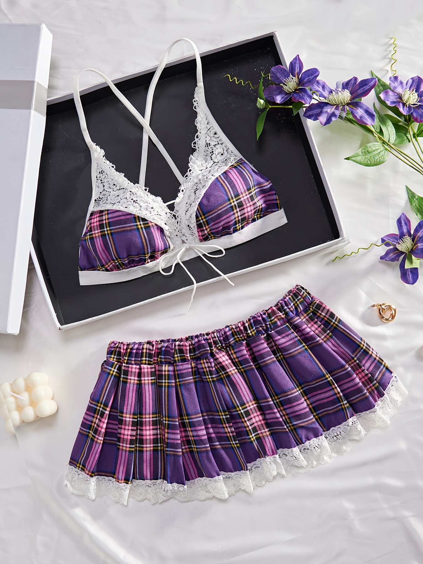 Lace Mesh Bra & Skirt, Bow Tie Push Up Bra & Sheer Mini Skirt Lingerie Set,  Women's Lingerie & Underwear