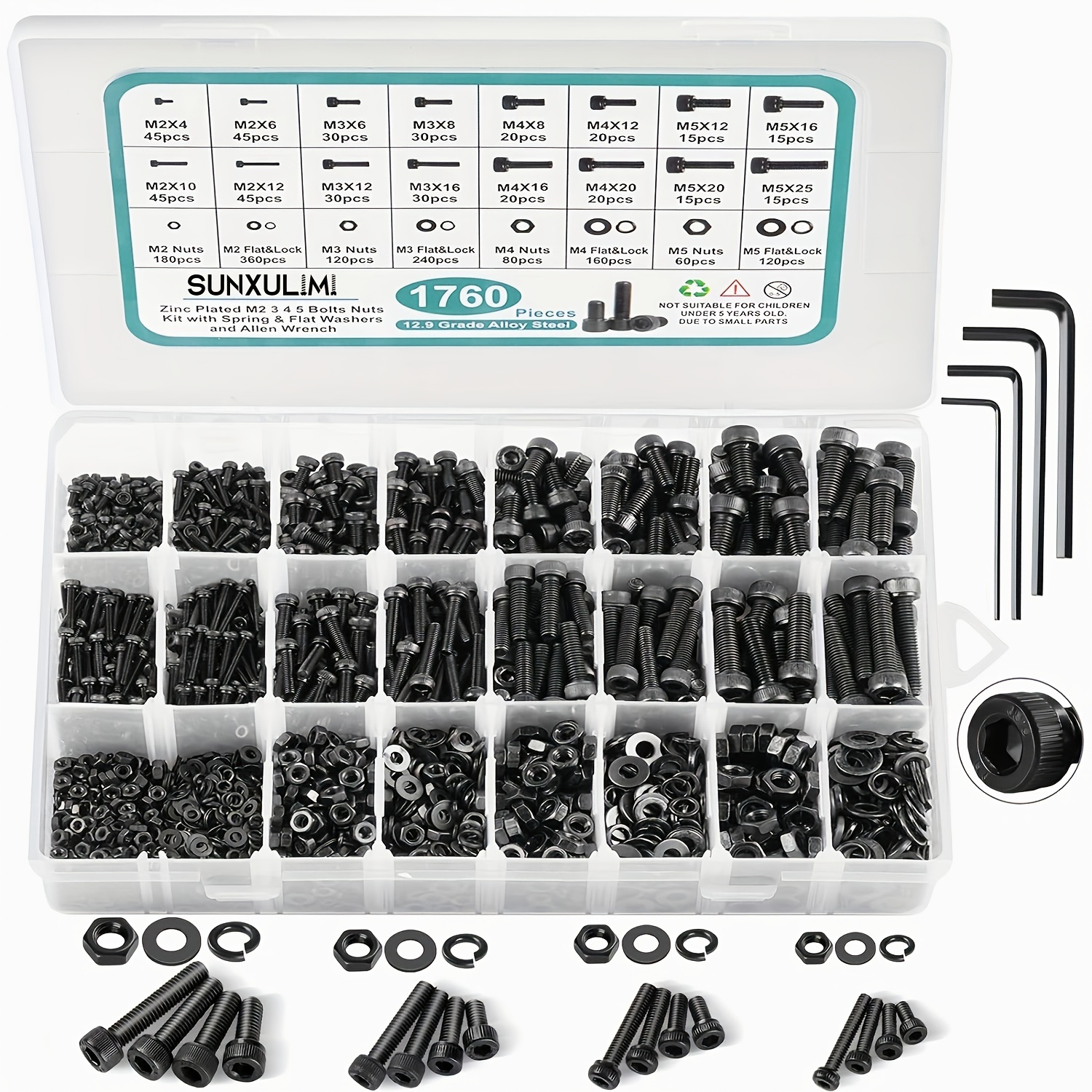 

1760pcs M2 M3 M4 M5 Metric Screw Assortment, Grade 12.9 Alloy Steel Hex Socket Head Cap Metric Bolts And Nuts Kit, Black Zinc Plated And Anti Rust Upgrade Metric Screw Set With 4 Pcs Hex Wrenches