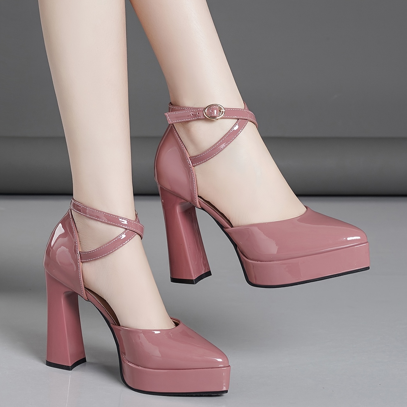 Women's Pink Block Heel Pumps Fashionable Pointed Toe Platform Sandals  with Ankle Strap, Glossy Rubber Sole for Stylish Outfits