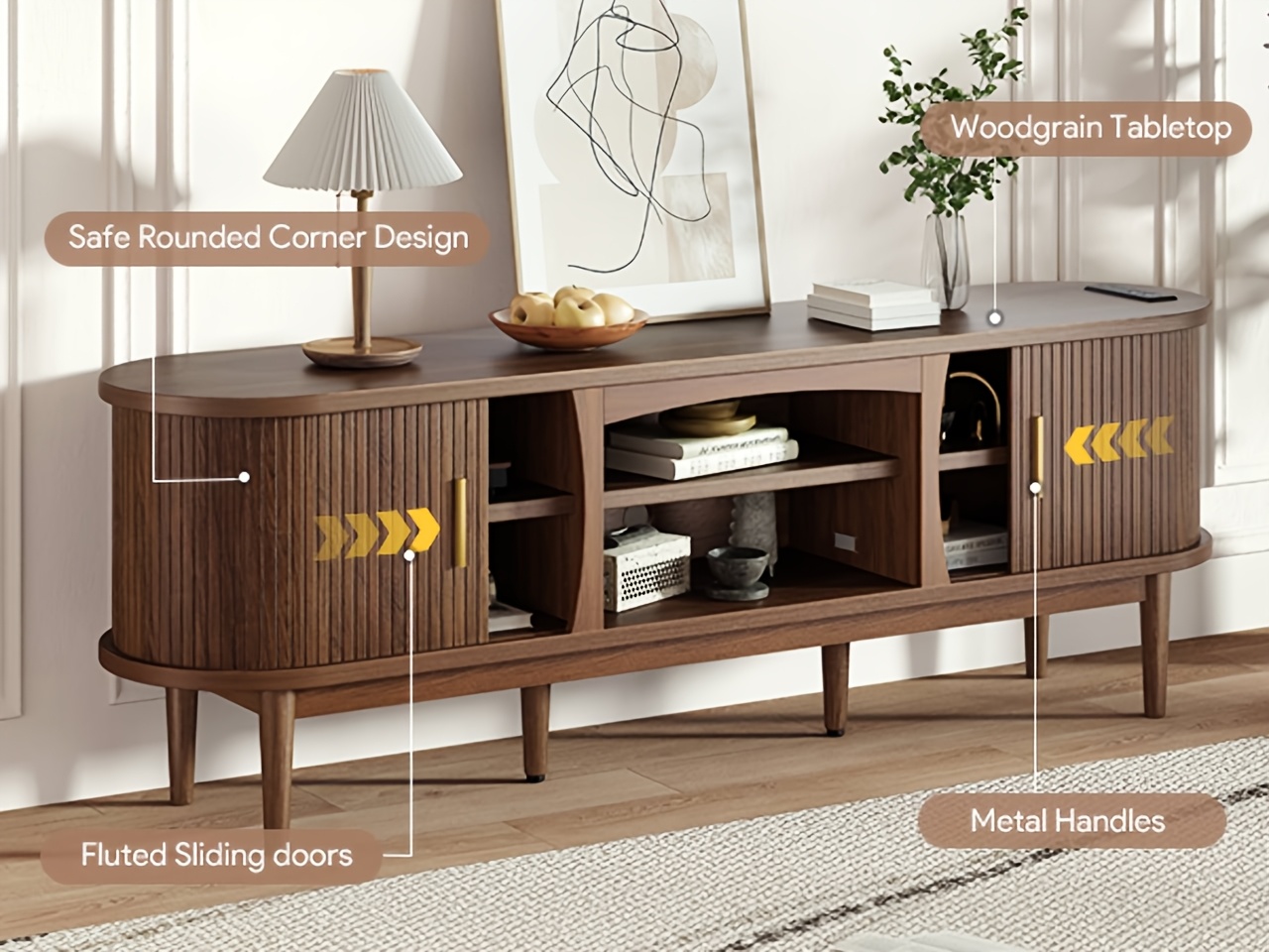 68 Inch Mid-Century TV Stand for TVs Up to 70 Inch, Entertainment Center with Storage, Power Outlet, Recessed Sliding Doors & Adjustable Shelves, Modern Media Console for Living Room, Housewarming Gift