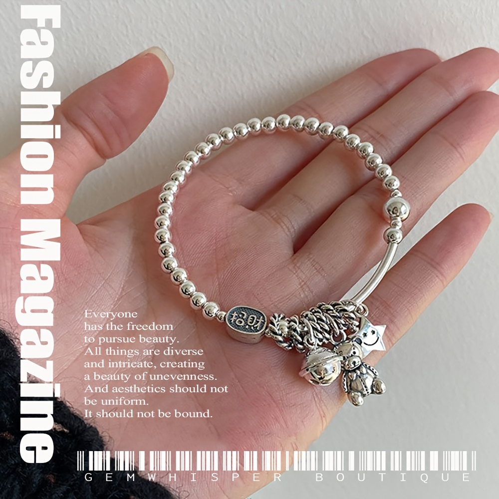 

925 Pure Silvery Adjustable Bracelet With Bear Pendant, Vintage Fashion Jewelry, And Party Accessory, Simple And , Weight 0.14 Ounce
